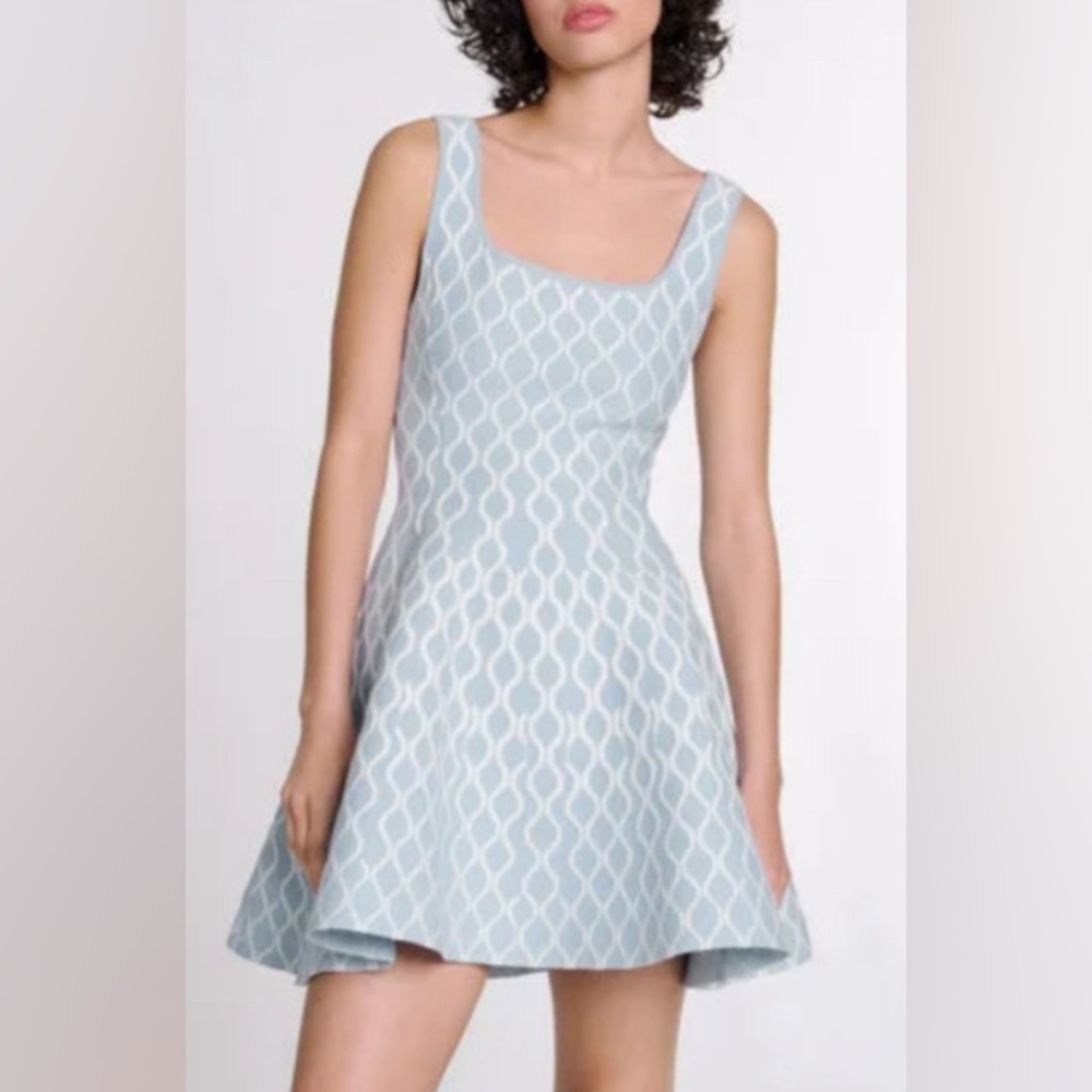 NEW $415 Maje Russel Wave Printed Mini Dress light blue knit 38 M runs small